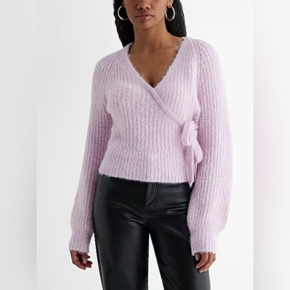 NWT Express Fuzzy Ribbed Surplice Tied Sweater Wool Blend Medium - Picture 1 of 5